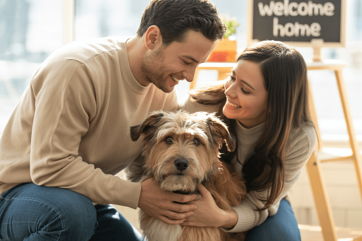 smiling couple kneeling down to embrace a newly adopted scruffy terrier mix dog. The dog has soft brown fur, floppy ears, and soulful eyes, looking up at its new parents with unwavering affection.