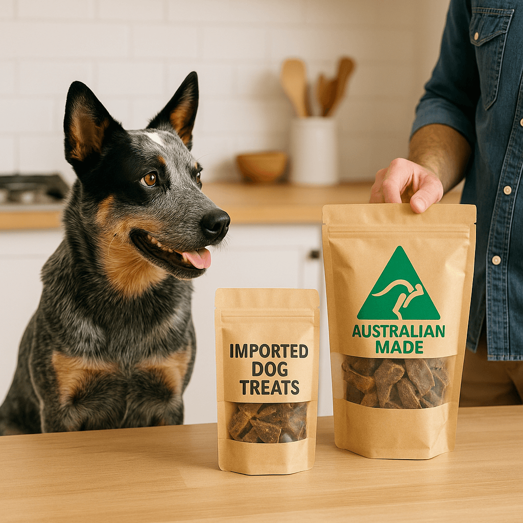 Blue Heeler (dog) looking at two different types of dog treats in bags, Australian‑Made vs Imported Dog Treats