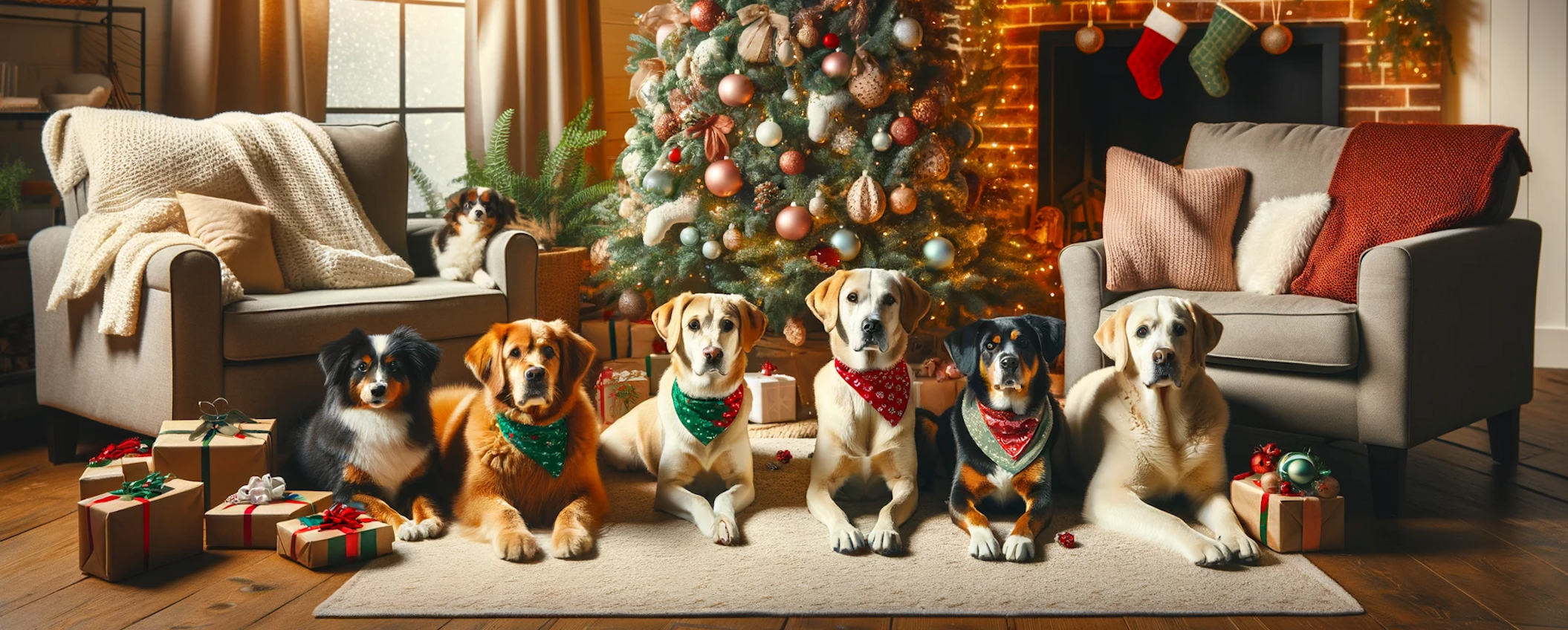 dogs by a Christmas tree getting ready for the holiday season