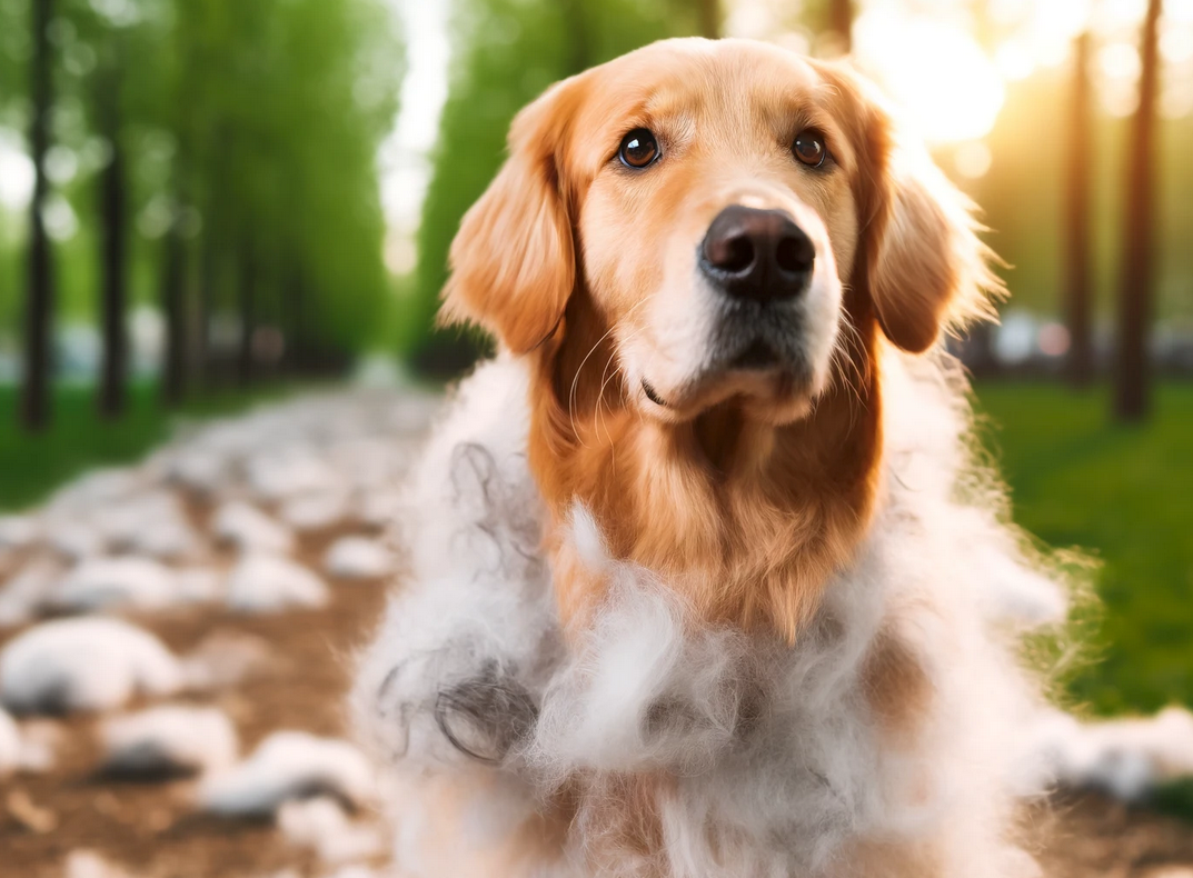 long hair dog shedding its hairy coat
