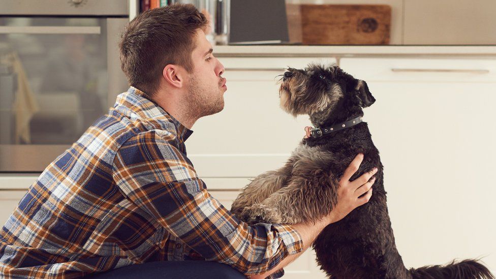 Man talking to his pet dog
