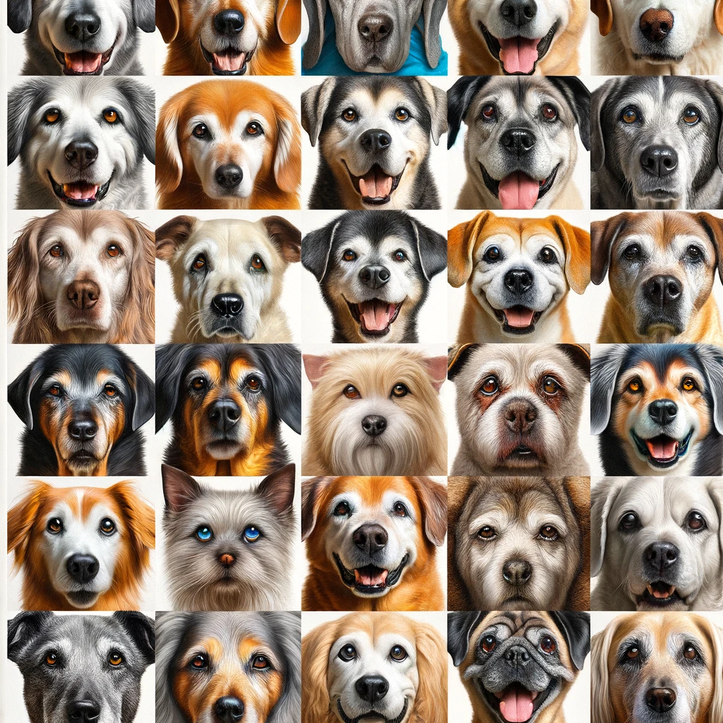 A collage of diverse senior dog faces showing different breeds, sizes, and colors to illustrate the variety and personality of senior dogs available for adoption