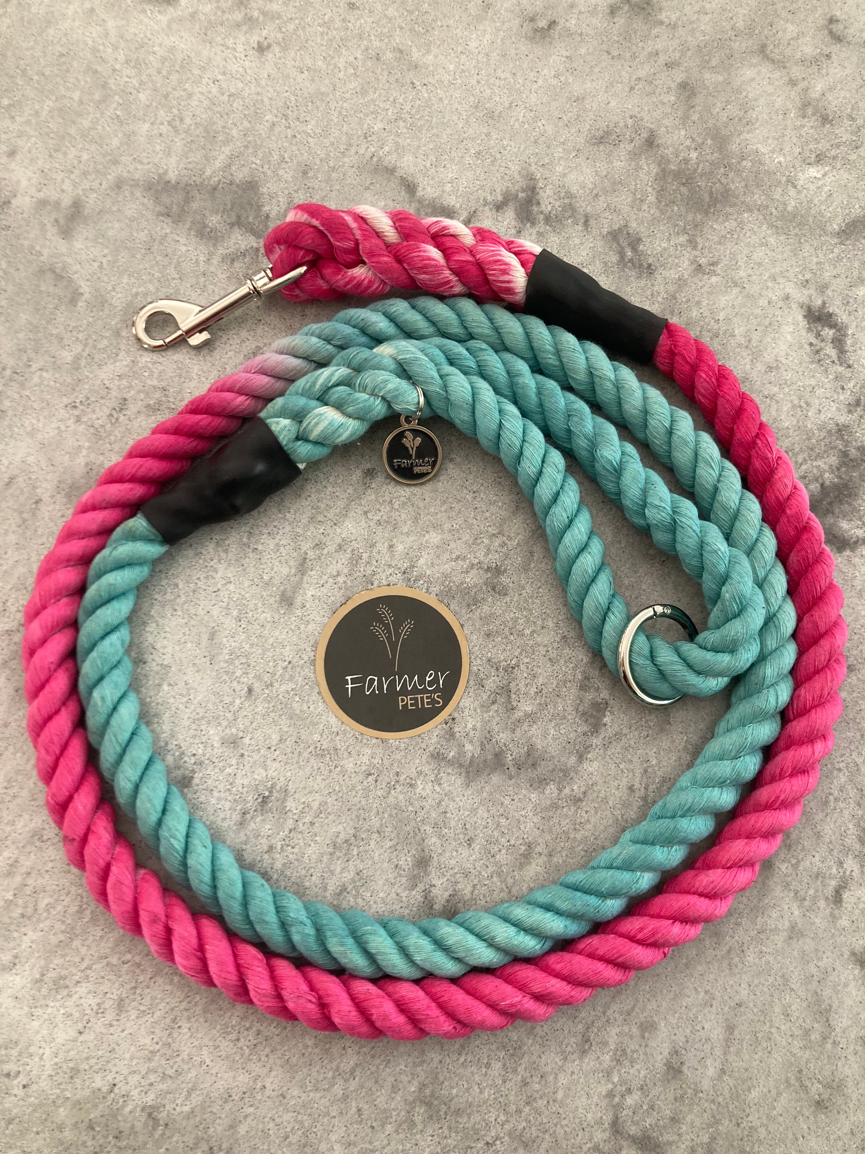 Two tone teal and fuchsia Eco-friendly Dog Leads and Leaches, organic cotton handcrafted by Farmer Pete&#39;s Australian Made