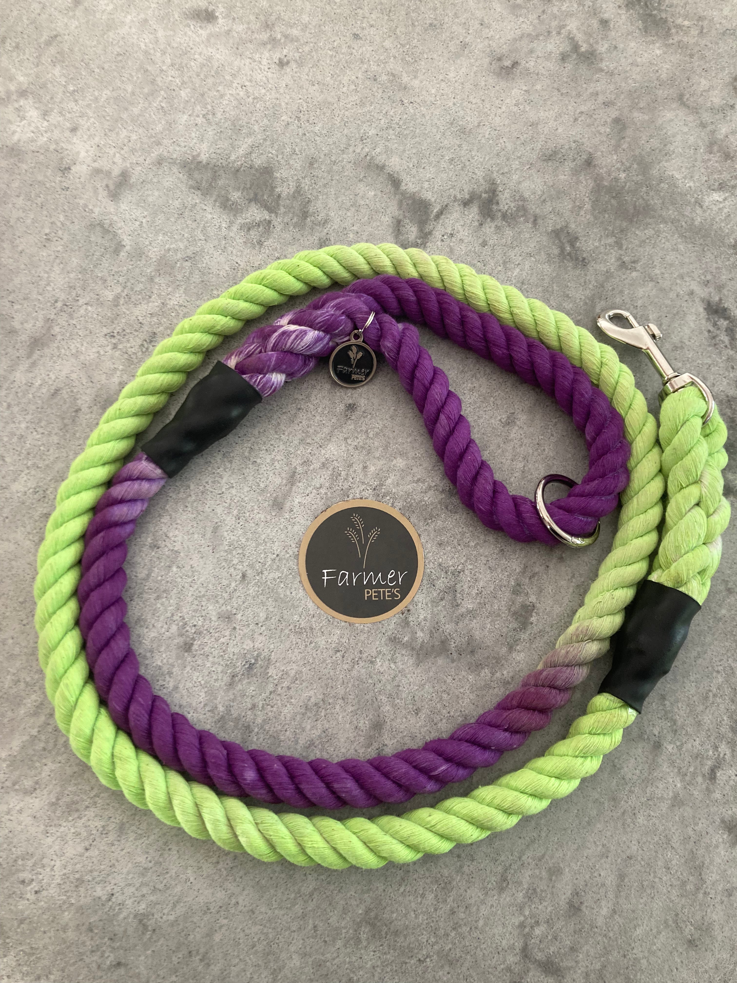 Two tone lime and purple Eco-friendly Dog Leads and Leaches, organic cotton handcrafted by Farmer Pete&#39;s Australian Made