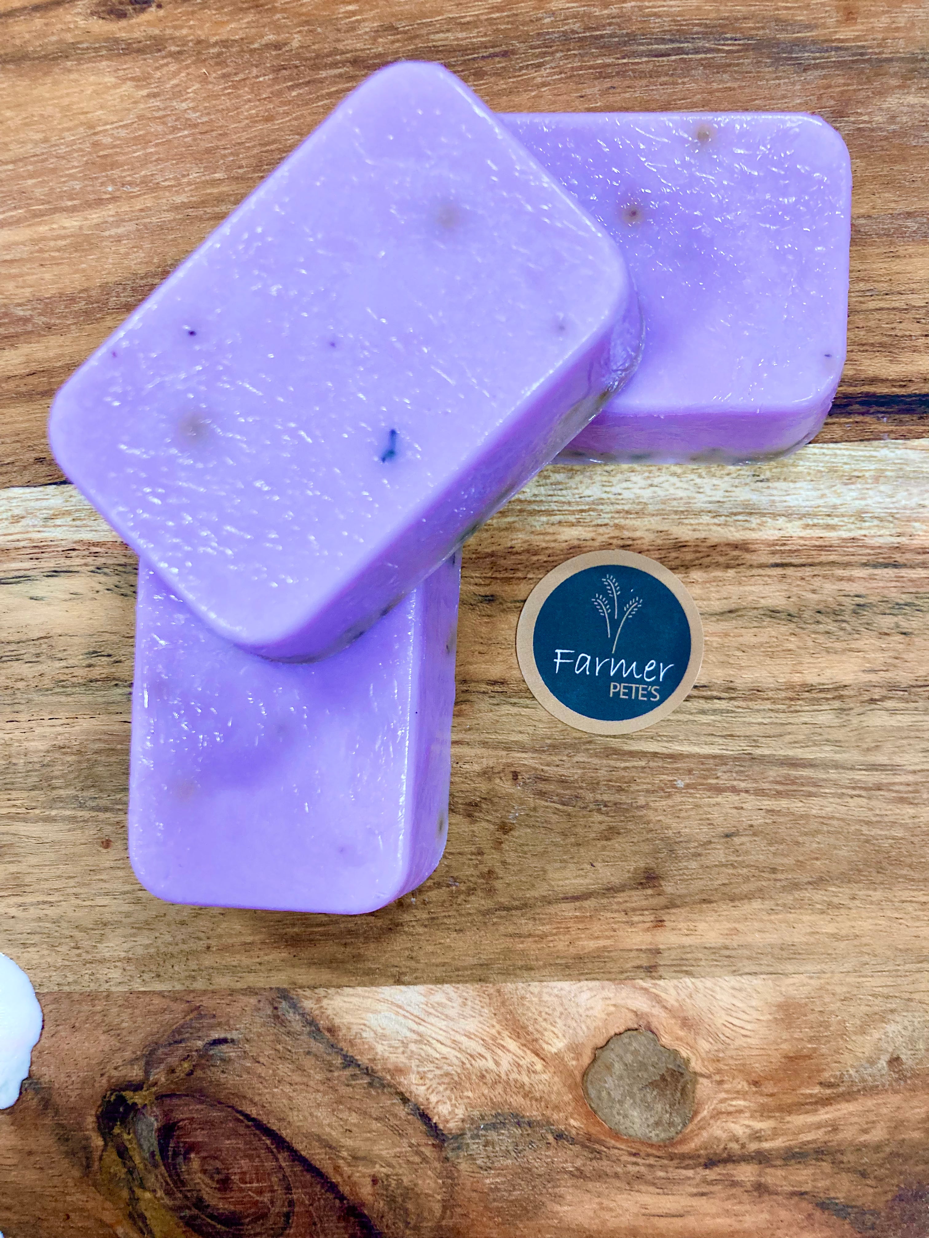 Calming goat&#39;s milk soap for dogs. Great for calming anxious pups. Made by Farmer Pete&#39;s.