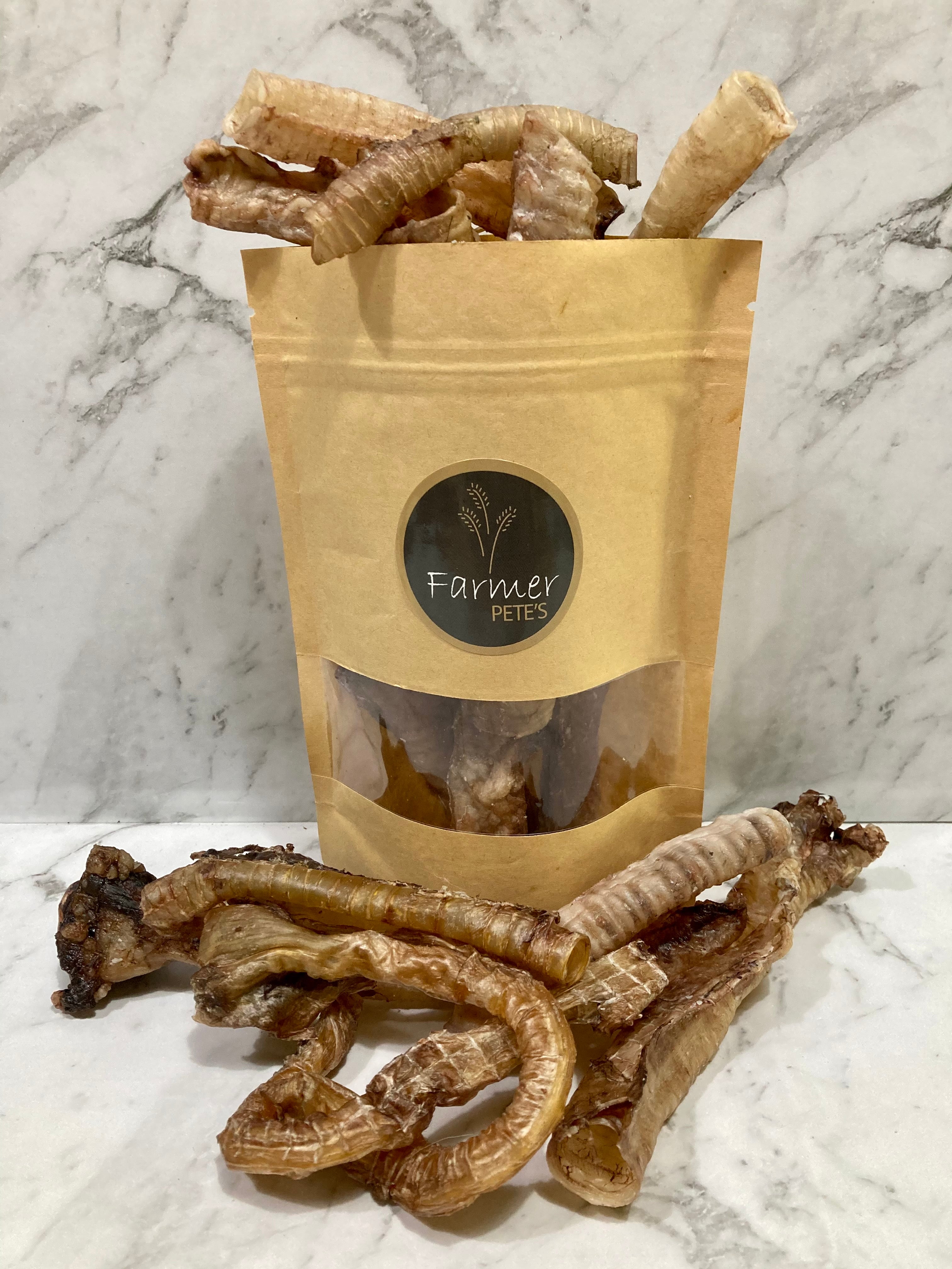Dried Kangaroo Trachea dog treats made by Farmer Pete&#39;s pet supplies