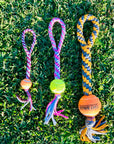 Handmade ball tug toy for dogs, with handle. 3 sizes.