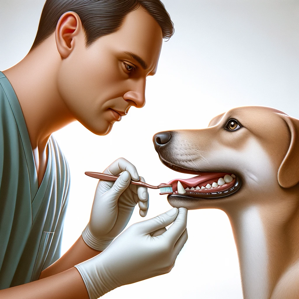 Person gently cleaning a dog's teeth with a toothbrush