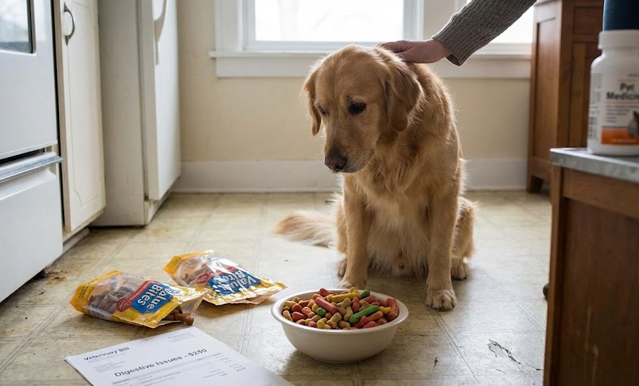 A sad golden retriever sits by cheap treats, medicine, and a vet bill, perfectly illustrating the hidden health costs of low-quality pet snacks.