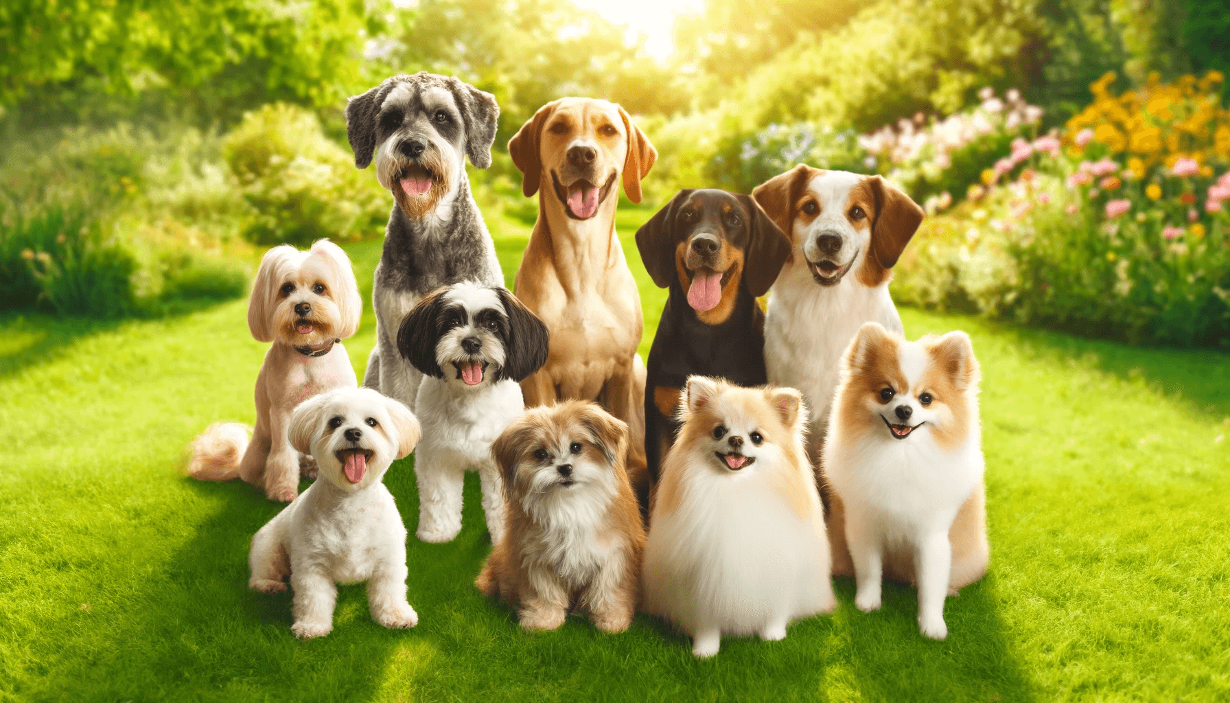 A diverse group of dog breeds known for their long lifespans, capturing the joy and companionship they bring