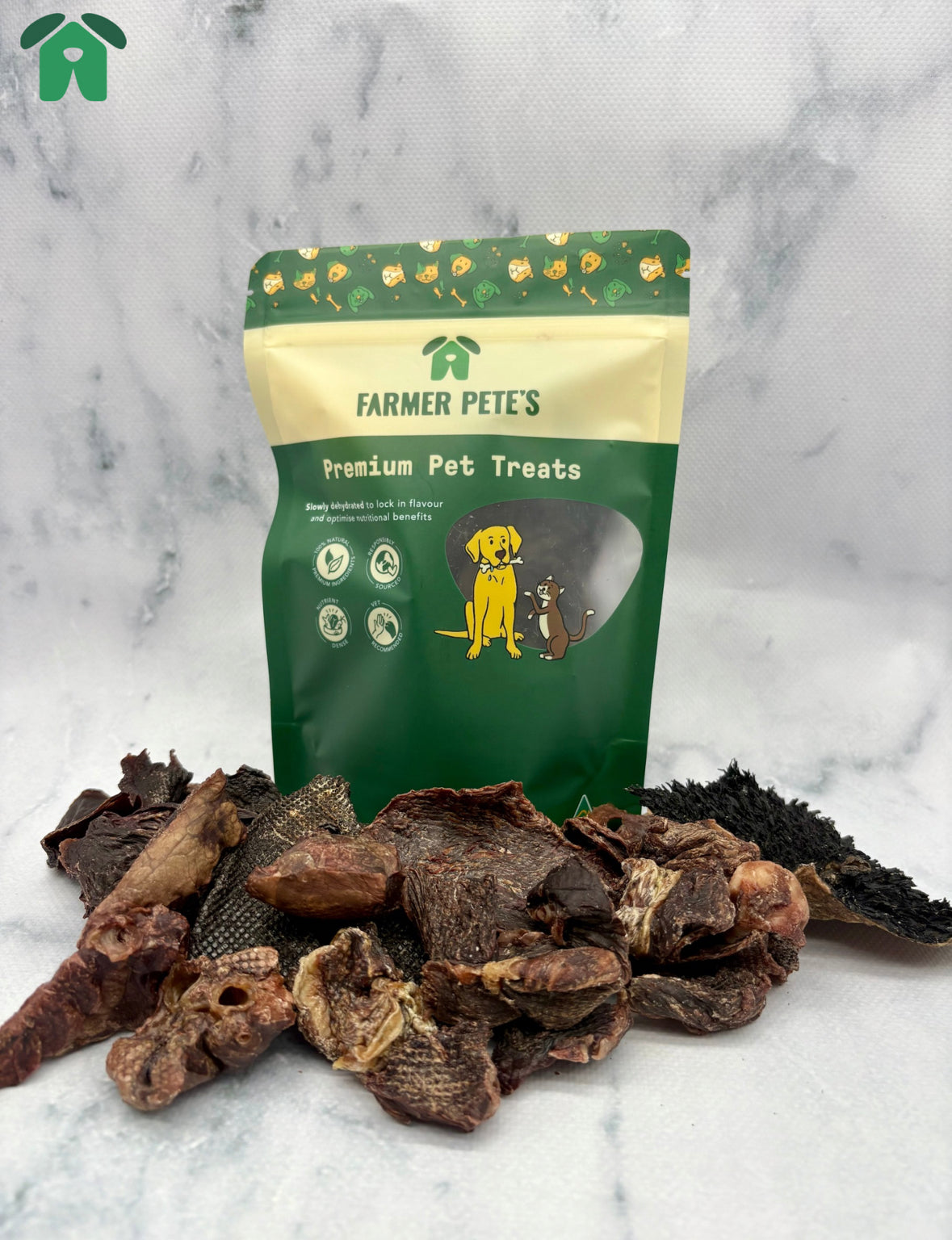 Selection of dried beef pet treats by Farmer Pete's