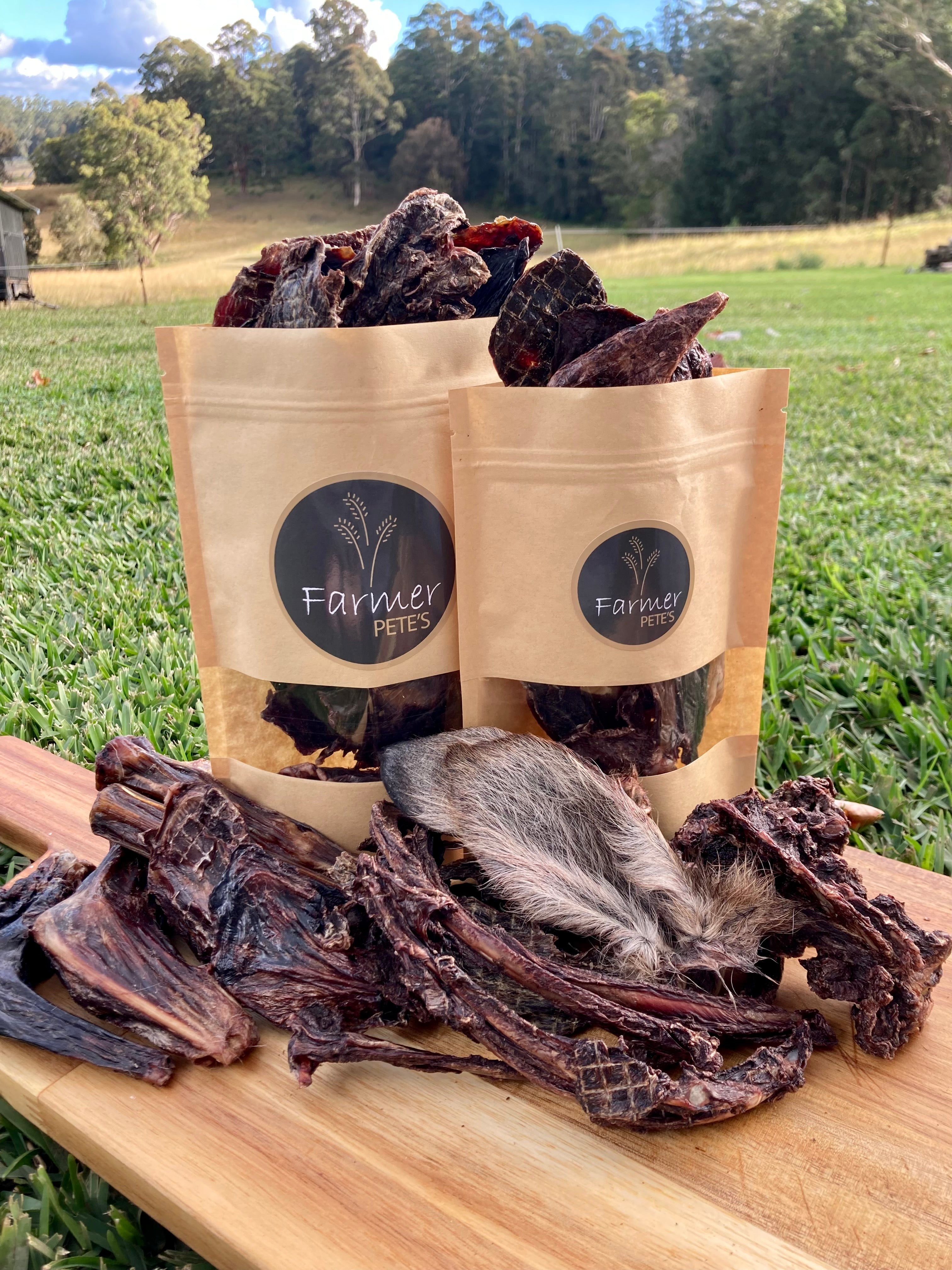 Selection of healthy dried Kangaroo Treats for Dogs by Farmer Pete's (Australian Made pet supplies)