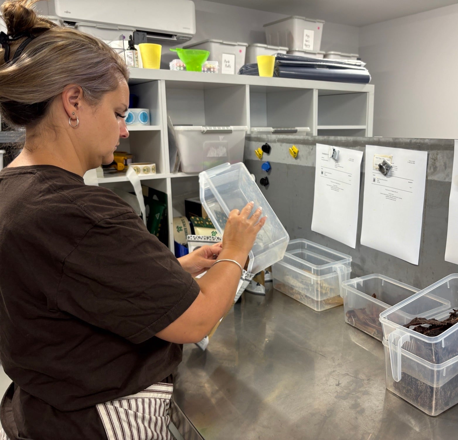 Tori sorting out treat size at Farmer Pete's