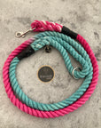 Two tone teal and fuchsia Eco-friendly Dog Leads and Leaches, organic cotton handcrafted by Farmer Pete's Australian Made