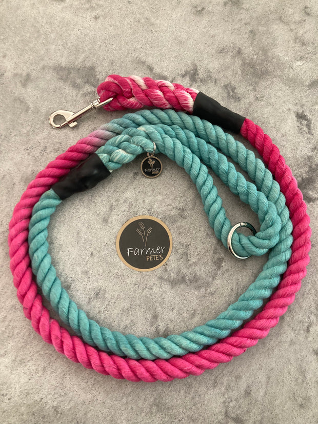 Two tone teal and fuchsia Eco-friendly Dog Leads and Leaches, organic cotton handcrafted by Farmer Pete's Australian Made