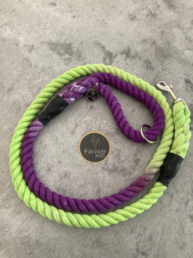 Two tone lime and purple Eco-friendly Dog Leads and Leaches, organic cotton handcrafted by Farmer Pete's Australian Made