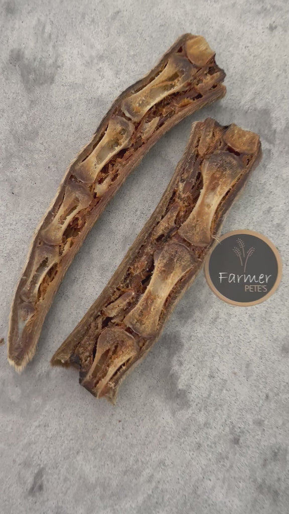 Kangaroo Tails with Fur on dog treat close up video, Farmer Pete's pet food product.