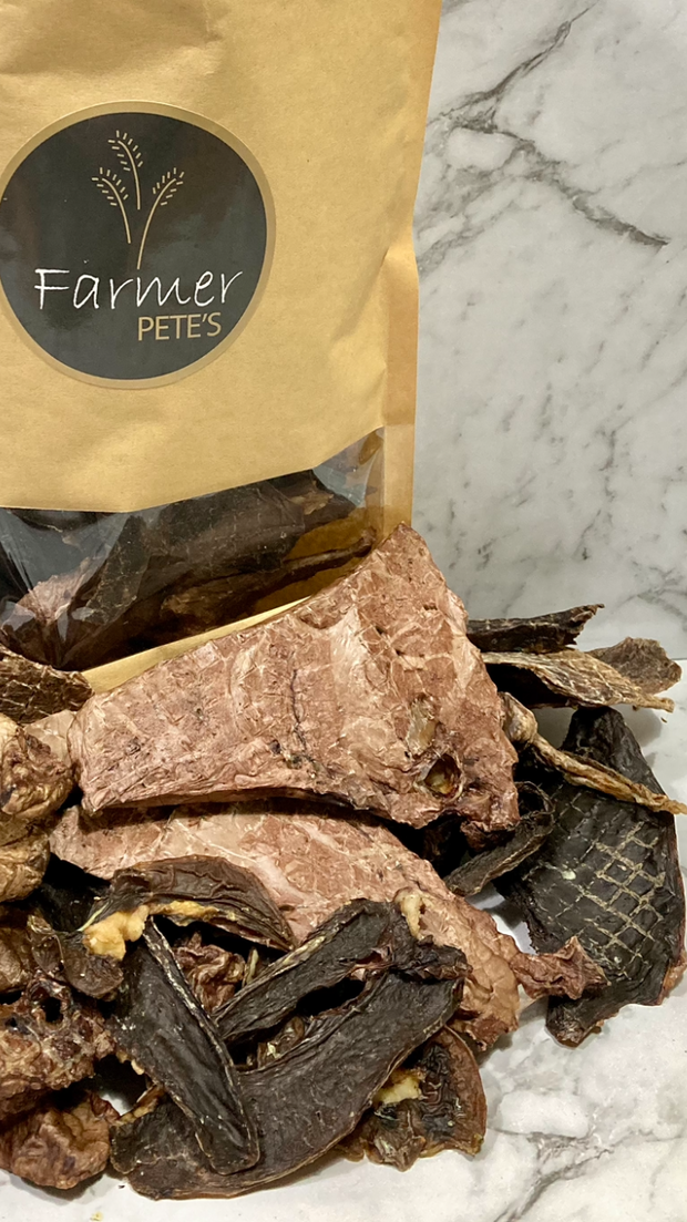 Healthy, natural dehydrated lamb offal treats for dogs by Farmer Pete's. 