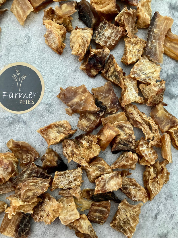 Healthy fish bite pet treats by Farmer Pete's.