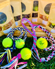 Farmer Pete's gift box with medium/large toys and a mixture of healthy dehydrated dog treats.