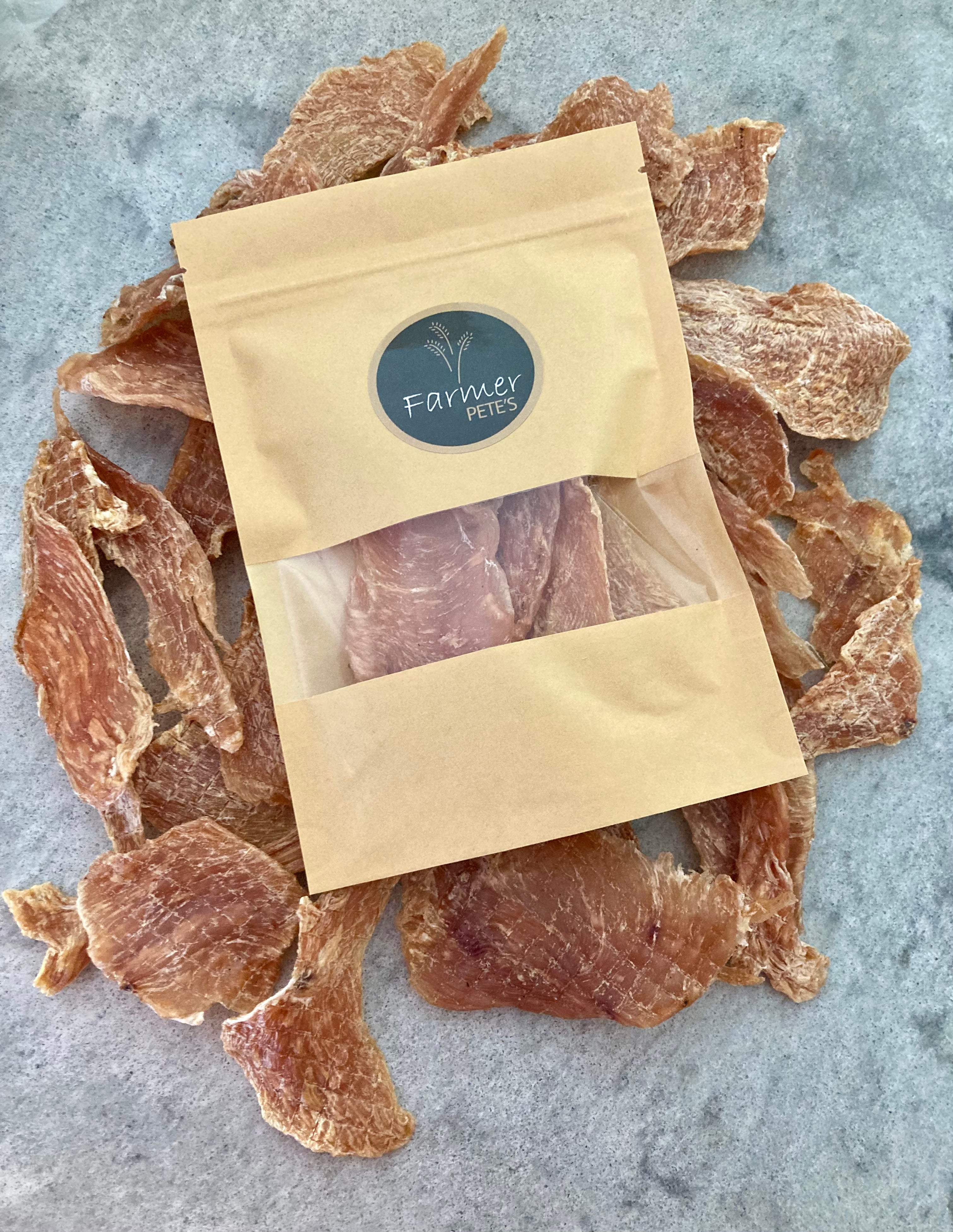 Homemade chicken jerky for pets by Farmer Pete's.