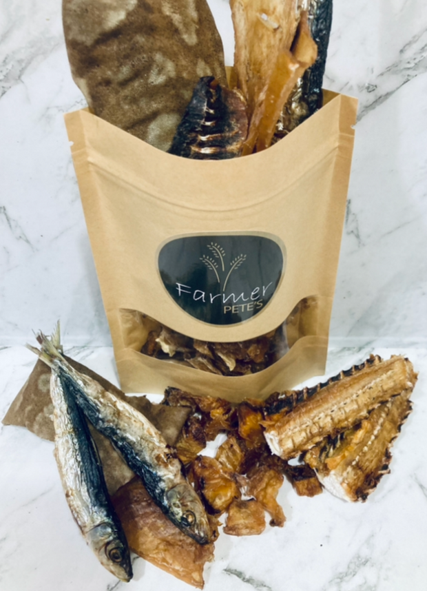 Farmer Pete's natural Fish Lucky Dip pet treats. 