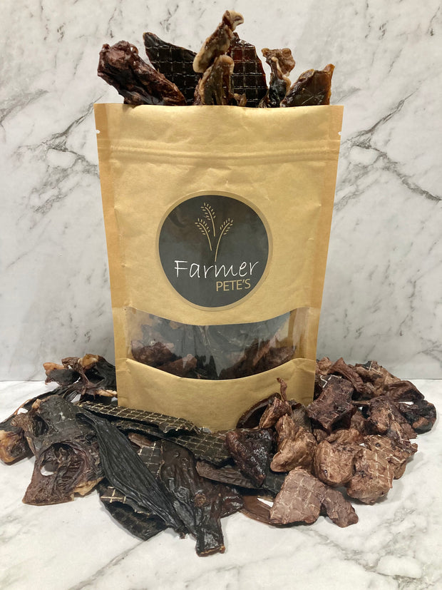 Combination of all Farmer Pete's pork offal treats for dogs. Liver, kidney, heart and lung. 