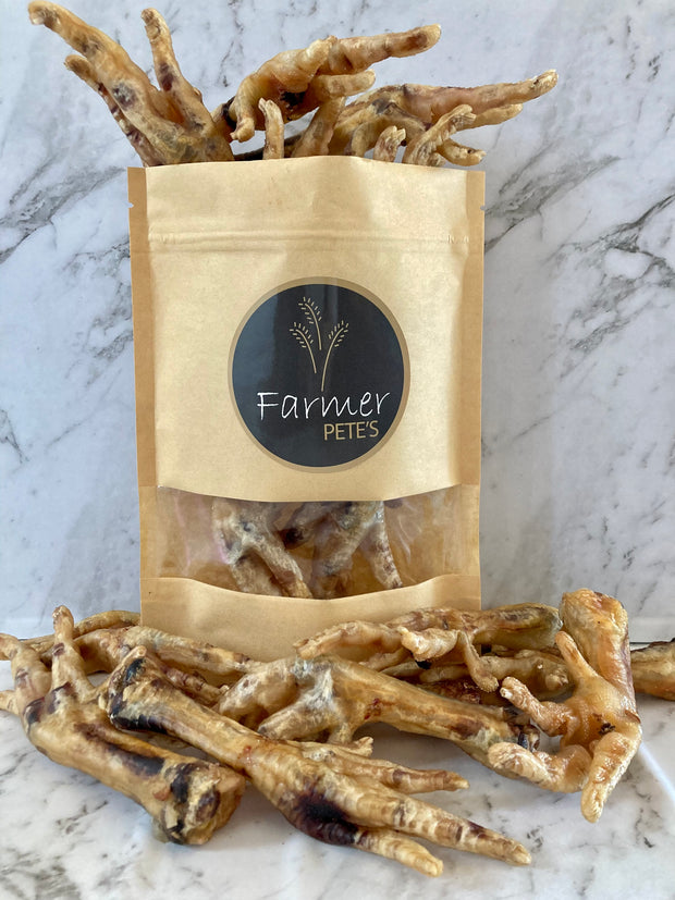 Tasty chicken feet treats for dogs by Farmer Pete's