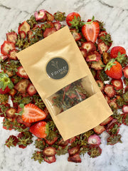 Crunchy dehydrated strawberry tops by Farmer Pete's.