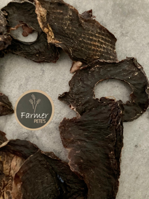 Natural beef heart dog treats with no additives by Farmer Pete's.