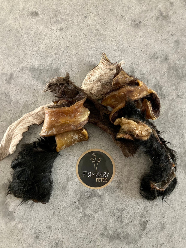 Collection of small beef skin chews by Farmer Pete's. Healthy dog chew alternative. 
