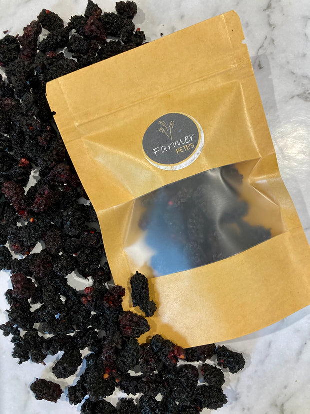 Dehydrated handpicked Farmer Pete's mulberries. 