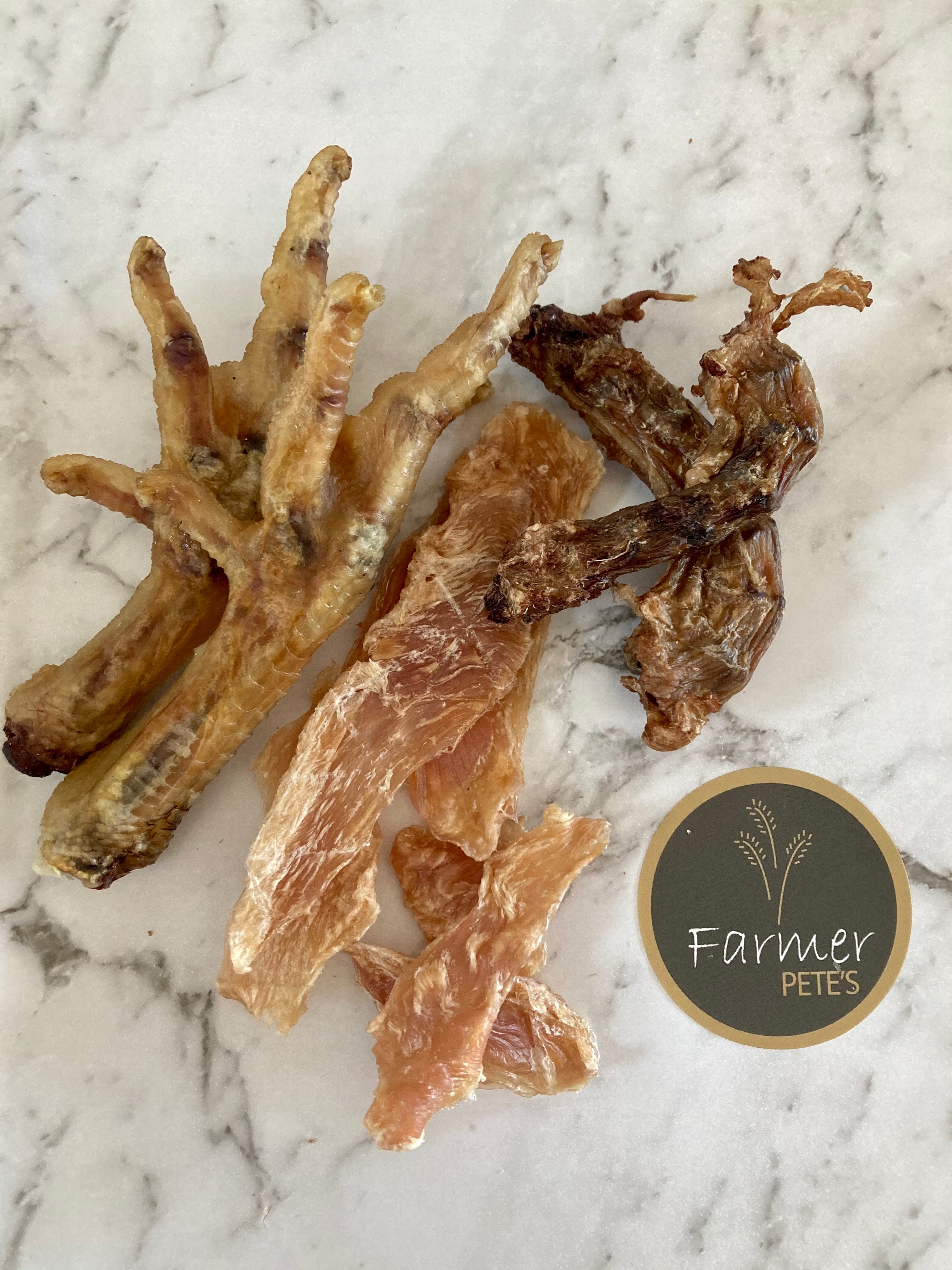 Dehydrated All-natural Chicken Breast Jerky, Jerky Bites, Feet and Necks