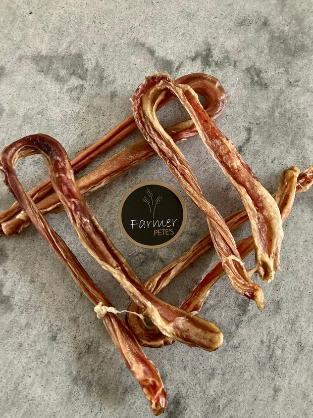 Farmer Pete's natural beef pizzle / bully sticks. Great dog chews.