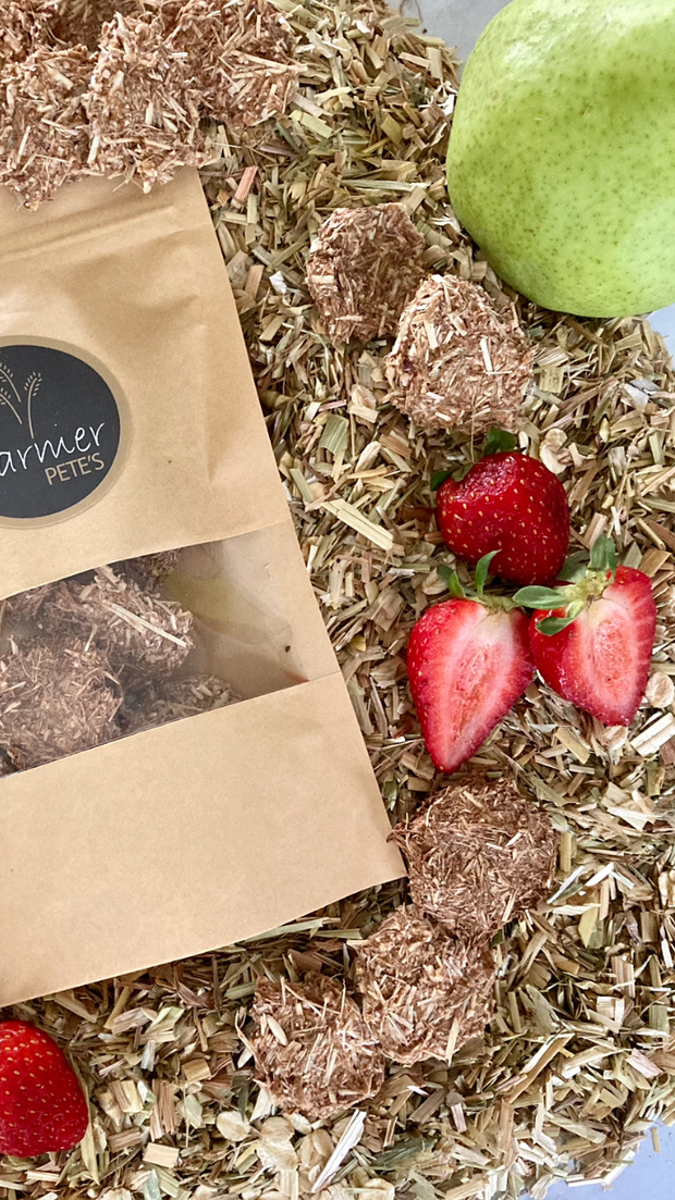 Rabbit and Guinea Pig treats Sunday Specials made from pear, strawberry, rolled oats and oaten hay. Australian owned and loved.