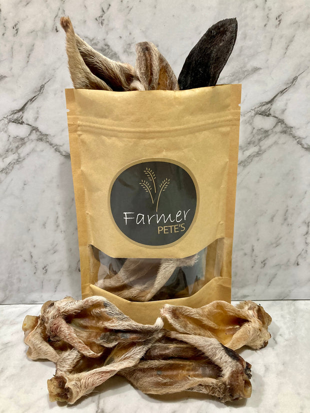 Dehydrated lamb ear treat chews by Farmer Pete's.