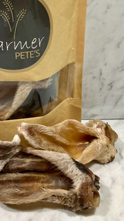 Healthy dehydrated lamb ear chews by Farmer Pete's.