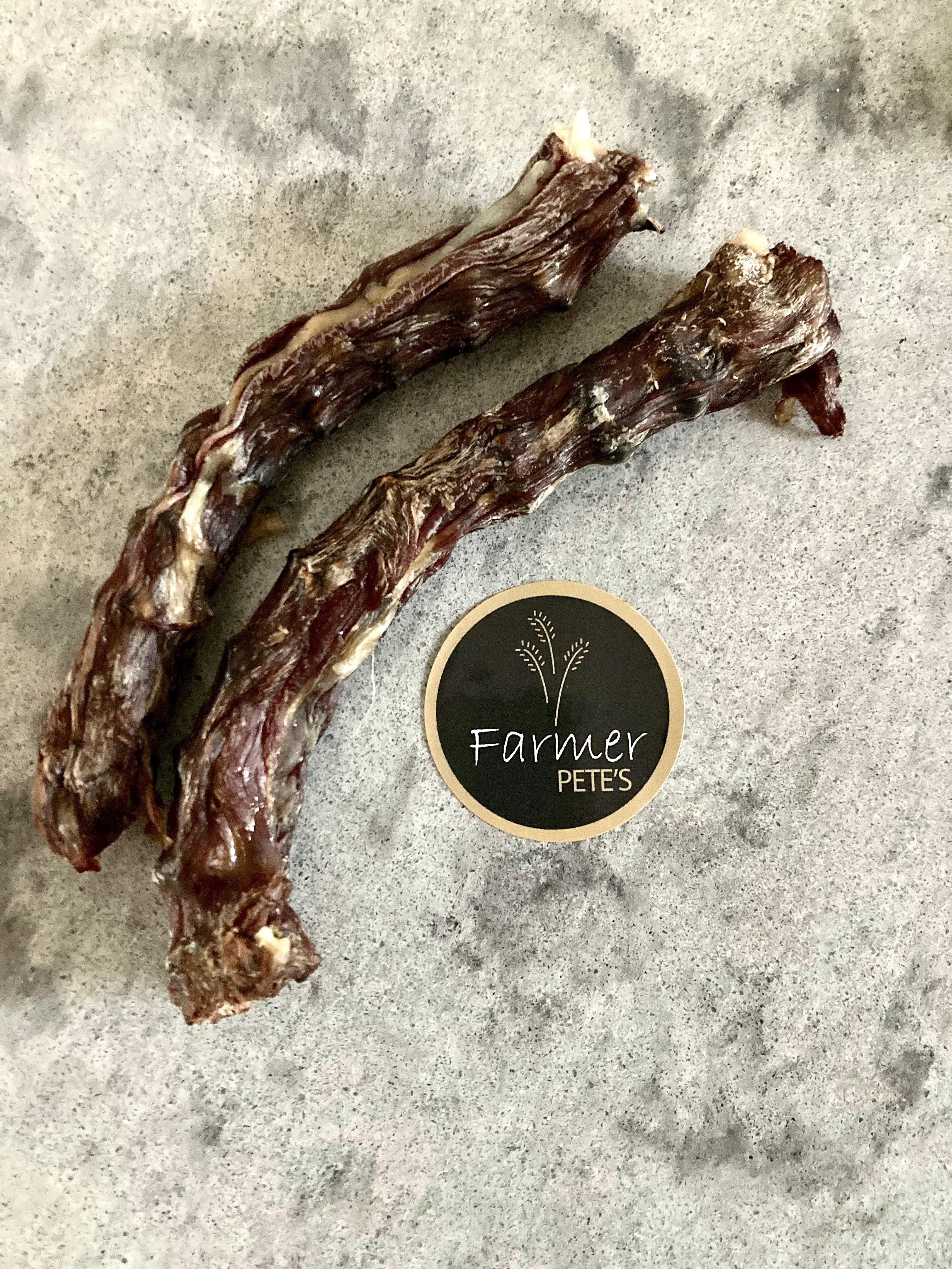 Dehydrated duck neck dog chews. All natural by Farmer Pete's.