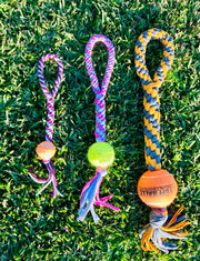 Handmade ball tug toy for dogs, with handle. 3 sizes.