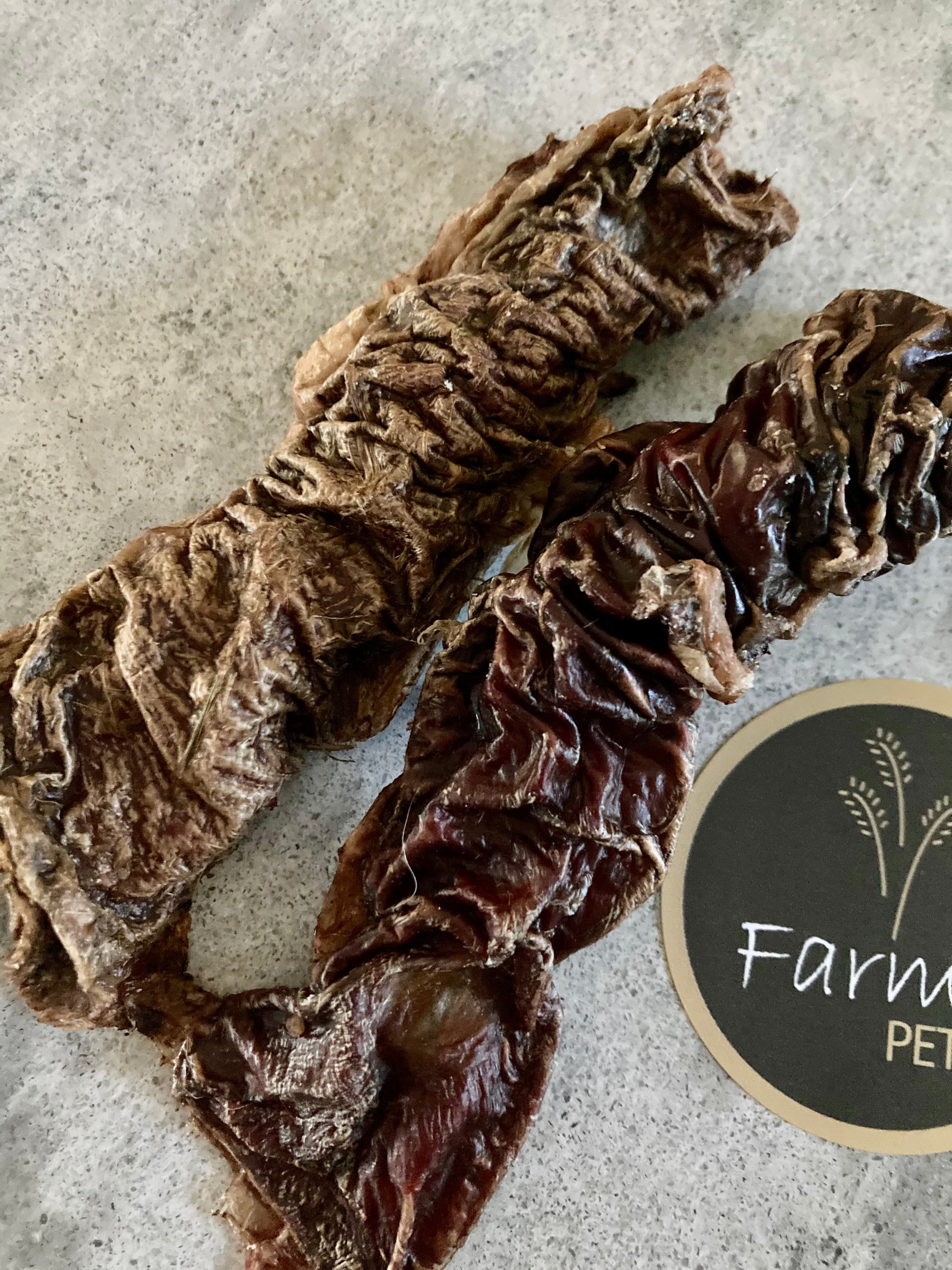 Natural, no added preservatives, beef weasand chews for dogs. By Farmer Pete&#39;s