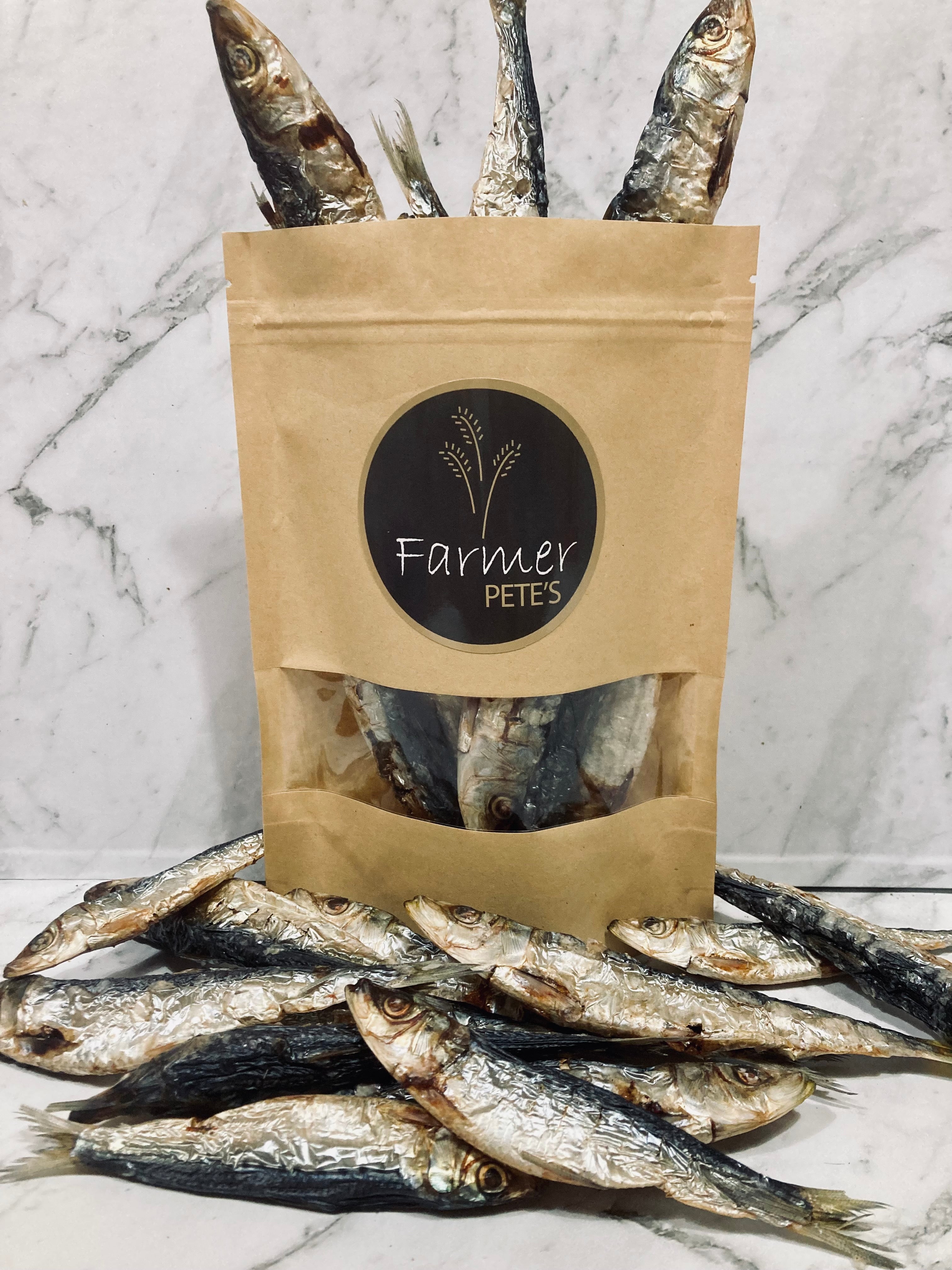 Naturally dehydrated pilchards (fish) dog treats by Farmer Pete's