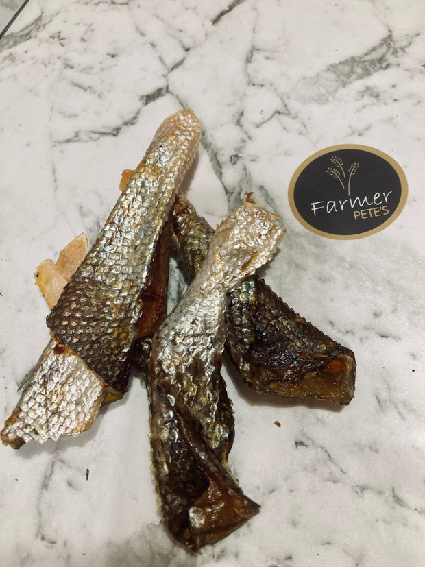 Farmer Pete's Salmon Skin Twist dog treats.