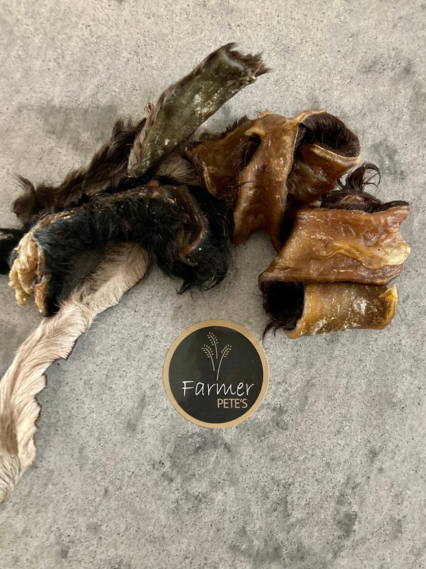 Natural beef skin chews for smaller dogs by Farmer Pete's.