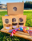 Perfect gift for pooches Australia wide, Farmer Pete's small gift box with small toy and treats. 