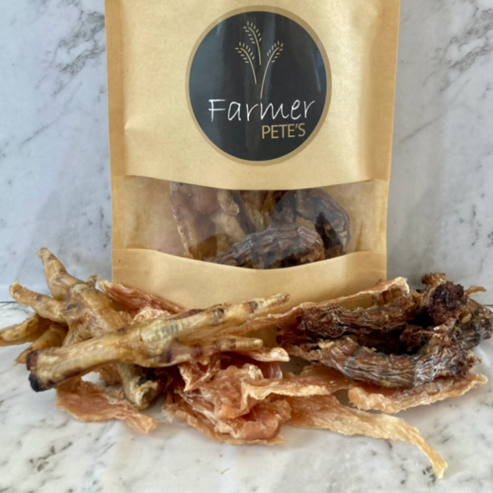 Farmer Pete's 100% natural dehydrated chicken treats.