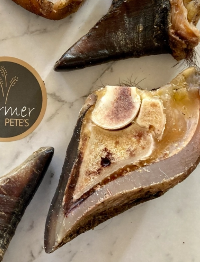 Farmer Pete's Beef Hoof Halves dog chews. Natural dehydrated treats.