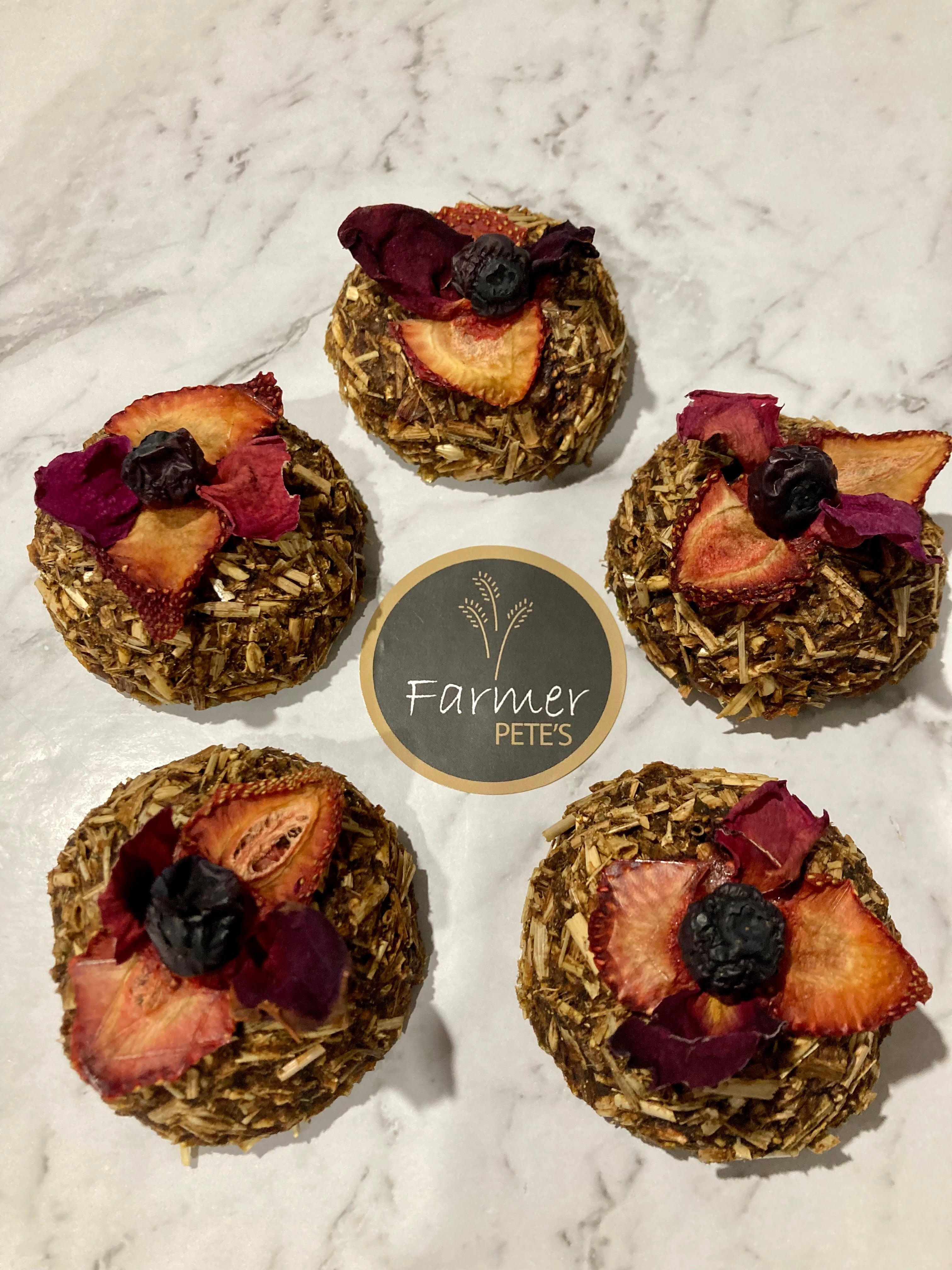 Farmer Pete's Pudds for rabbits and guinea pigs with dehydrated strawberry and blueberry on top. 