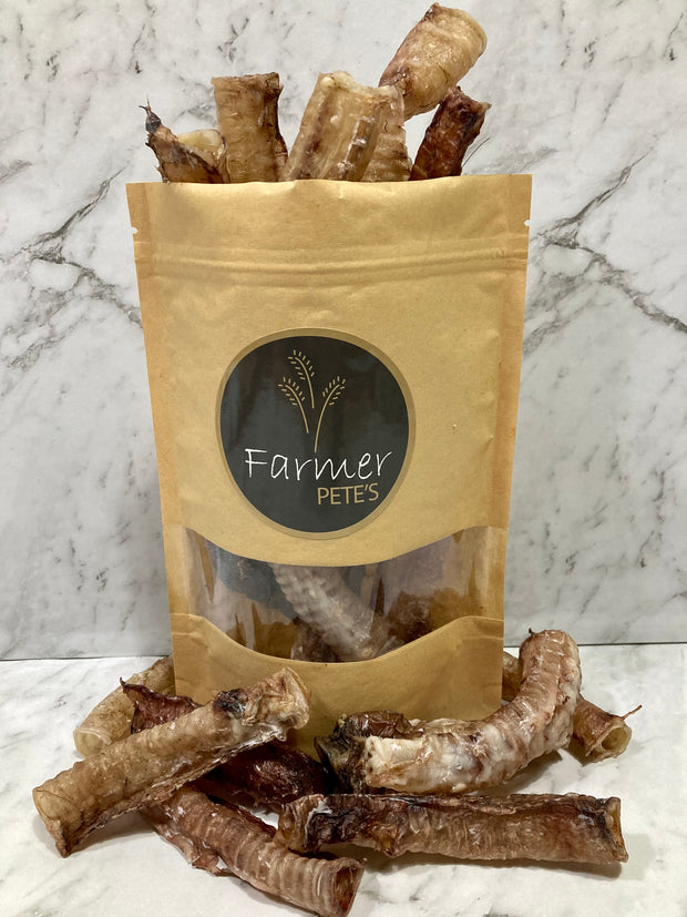 Farmer Pete's lamb trachea dog treat chews. 