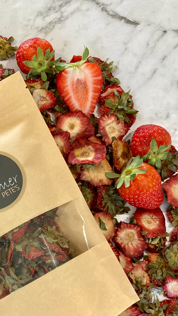 100% natural dehydrated Farmer Pete's strawberry tops. 