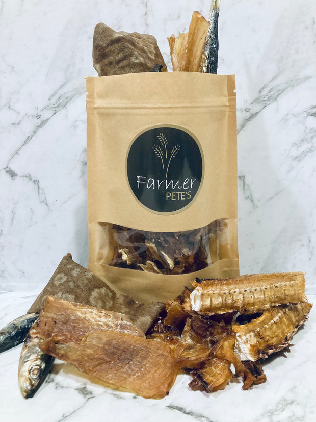 Combination of all things fish, pilchards, fish jerky, fish bites, shark skin, shark cartilage. Great fish treats for cats and dogs.   